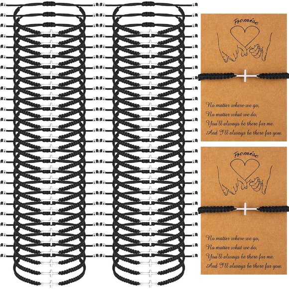 50 Pcs Christian Cross Friendship Bracelets Adjustable Black Nylon for Women Men - Picture 1 of 7